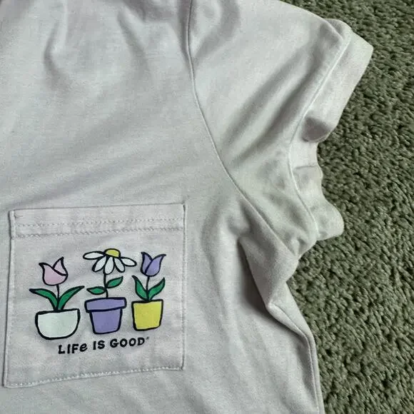 Life Is Good Top Womens S Pink Sleep Shirt Flower Pots Button Front Pajamas READ - Picture 6 of 11